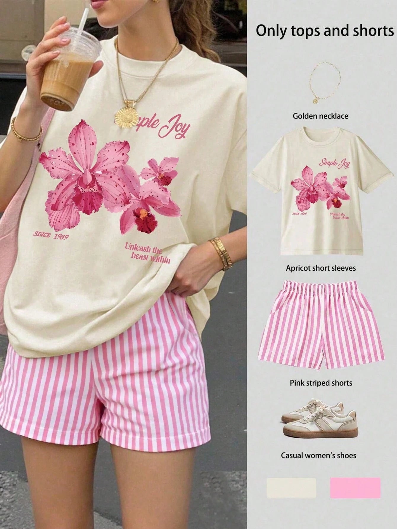 Jouncy Women's Beverage Letter Print T-Shirt And Striped Shorts 2 Pieces Set, Summer