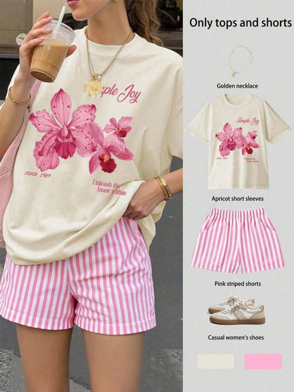 Jouncy Women's Beverage Letter Print T-Shirt And Striped Shorts 2 Pieces Set, Summer