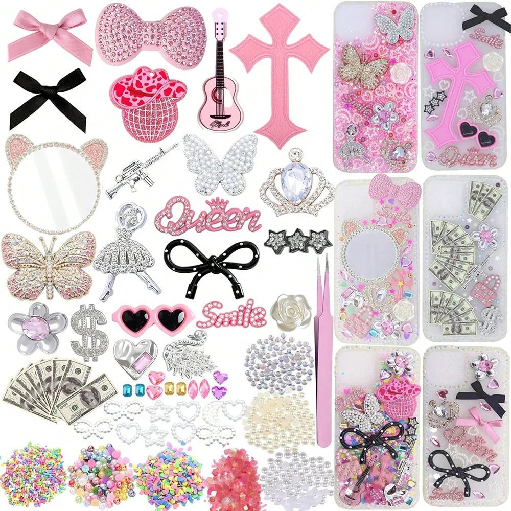 Junk Case Charms Kit With Makeup Mirror, Junk Phone Case Charm Kit With Big Charms, Nail Bow Rhinestones Flatback Resin Charm For DIY Crafts Silver Pink