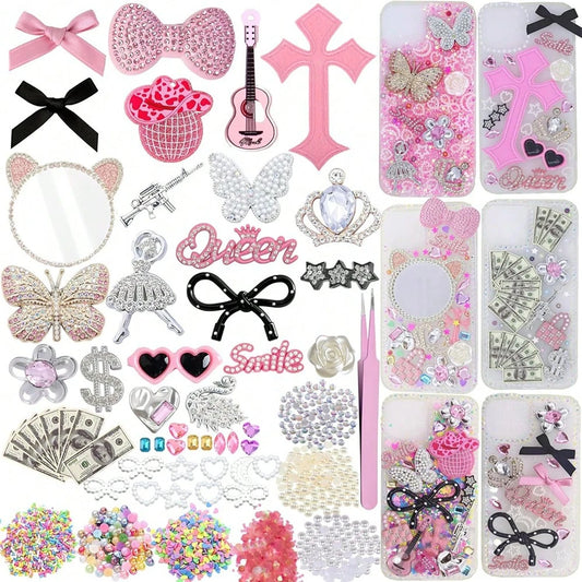 Junk Case Charms Kit With Makeup Mirror, Junk Phone Case Charm Kit With Big Charms, Nail Bow Rhinestones Flatback Resin Charm For DIY Crafts Silver Pink