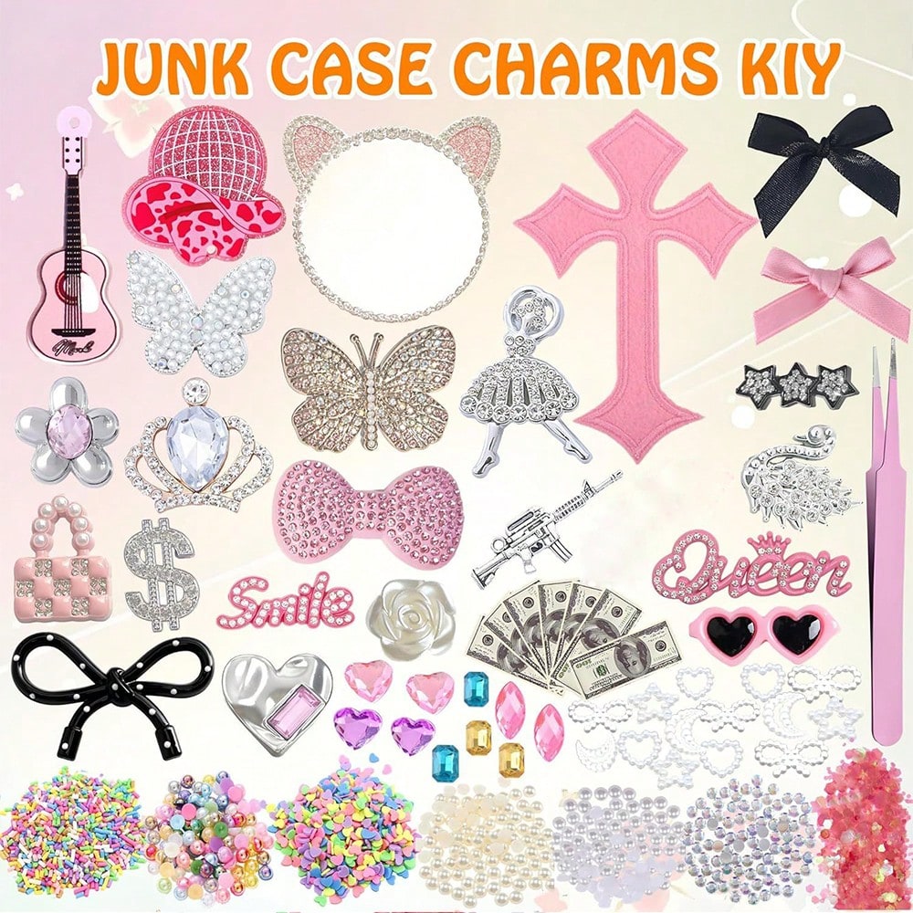 Junk Case Charms Kit With Makeup Mirror, Junk Phone Case Charm Kit With Big Charms, Nail Bow Rhinestones Flatback Resin Charm For DIY Crafts Silver Pink