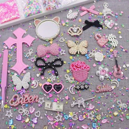 Junk Case Charms Kit With Makeup Mirror, Junk Phone Case Charm Kit With Big Charms, Nail Bow Rhinestones Flatback Resin Charm For DIY Crafts Silver Pink