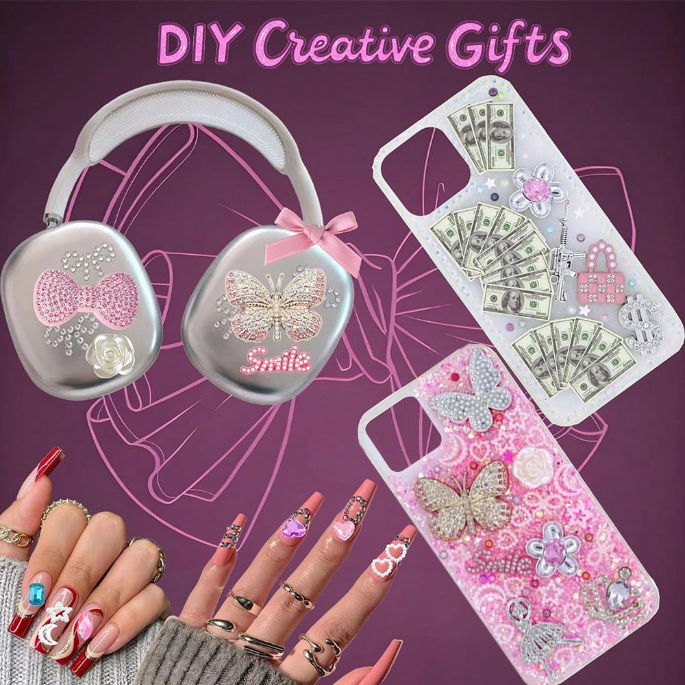 Junk Case Charms Kit With Makeup Mirror, Junk Phone Case Charm Kit With Big Charms, Nail Bow Rhinestones Flatback Resin Charm For DIY Crafts Silver Pink