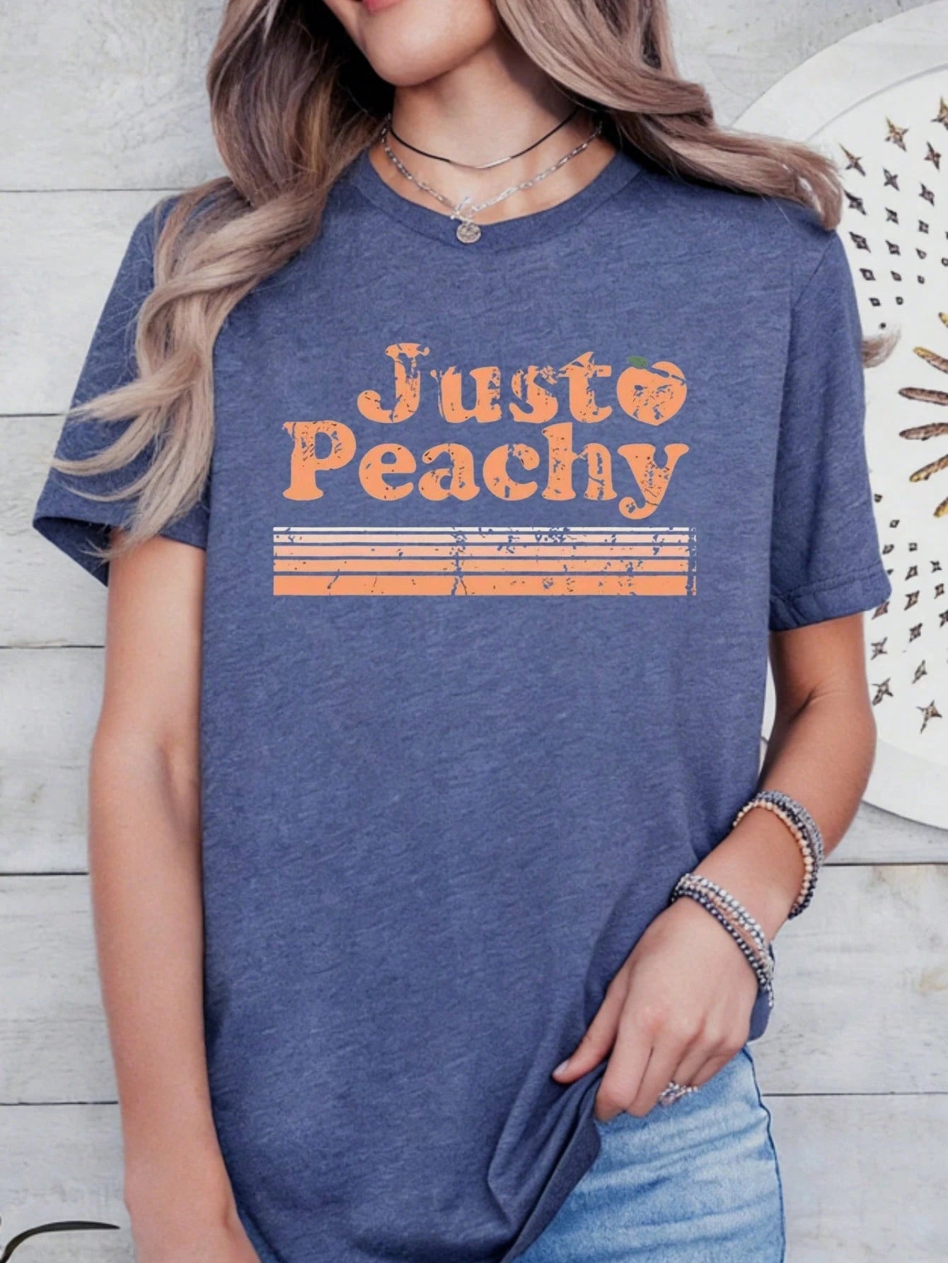 Just Peachy Graphic Print Colored Cotton T-Shirt,Women's Colored Cotton T-Shirt Understated Luxury Casual Tee Y2K Style With Digital Print