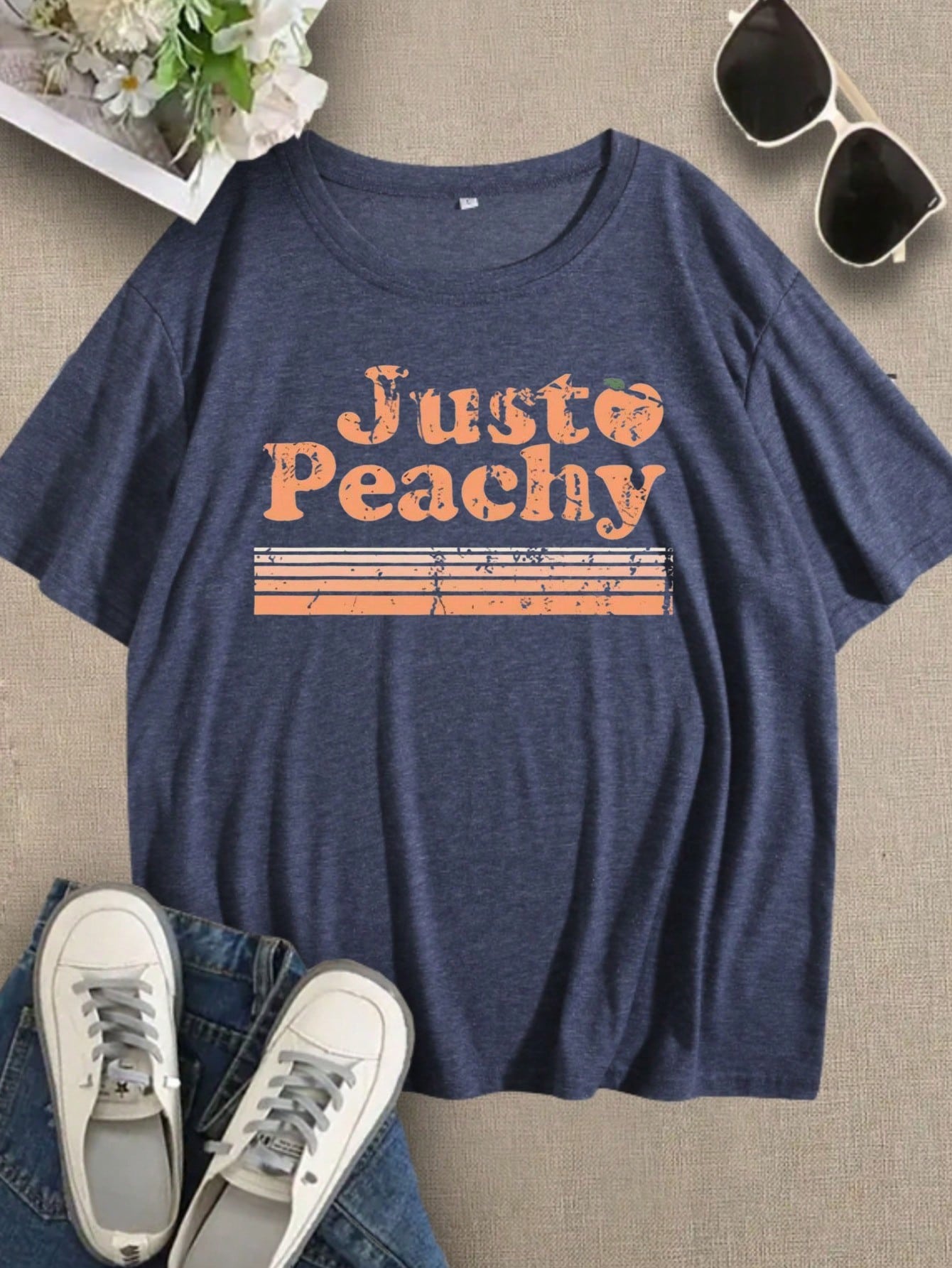 Just Peachy Graphic Print Colored Cotton T-Shirt,Women's Colored Cotton T-Shirt Understated Luxury Casual Tee Y2K Style With Digital Print