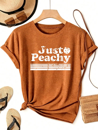 Just Peachy Graphic Print Colored Cotton T-Shirt,Women's Colored Cotton T-Shirt Understated Luxury Casual Tee Y2K Style With Digital Print