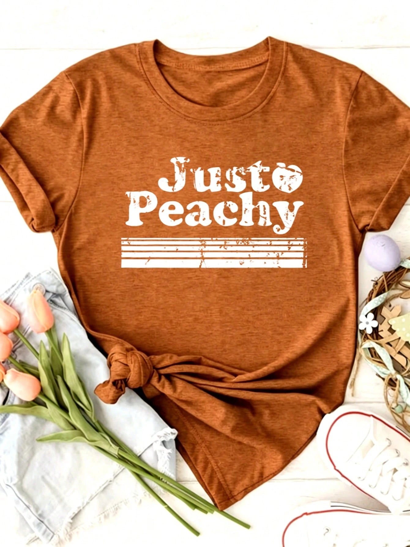 Just Peachy Graphic Print Colored Cotton T-Shirt,Women's Colored Cotton T-Shirt Understated Luxury Casual Tee Y2K Style With Digital Print