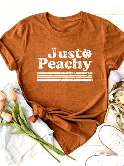 Just Peachy Graphic Print Colored Cotton T-Shirt,Women's Colored Cotton T-Shirt Understated Luxury Casual Tee Y2K Style With Digital Print
