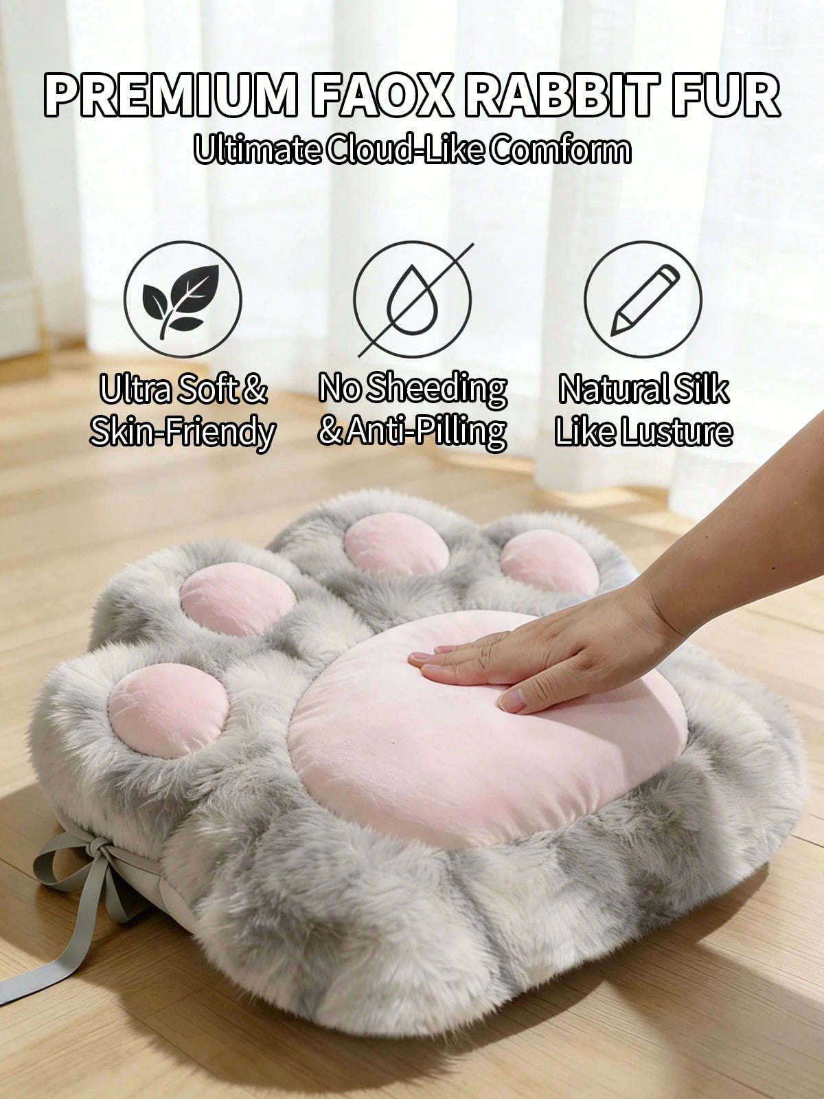 Kawaii Cat Paw Shaped Seat Cushion- Cozy Faux Fur Plush Floor Pillow For Bedroom & Living Room- Aesthetic Chair Pad For