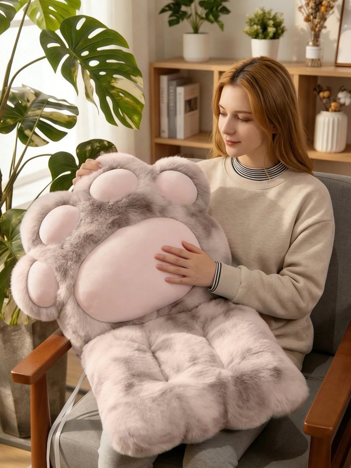 Kawaii Cat Paw Shaped Seat Cushion- Cozy Faux Fur Plush Floor Pillow For Bedroom & Living Room- Aesthetic Chair Pad For
