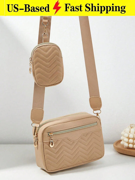 Khaki Quilted Camera Crossbody Purse For Women,Strap Shoulder Bag With Mini Pouch,For Summer Beach Work Travel Daily Casual