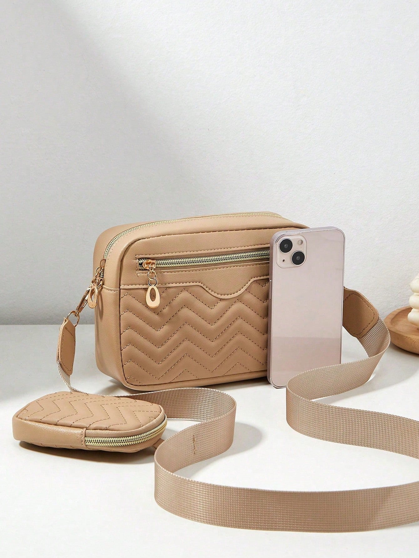 Khaki Quilted Camera Crossbody Purse For Women,Strap Shoulder Bag With Mini Pouch,For Summer Beach Work Travel Daily Casual