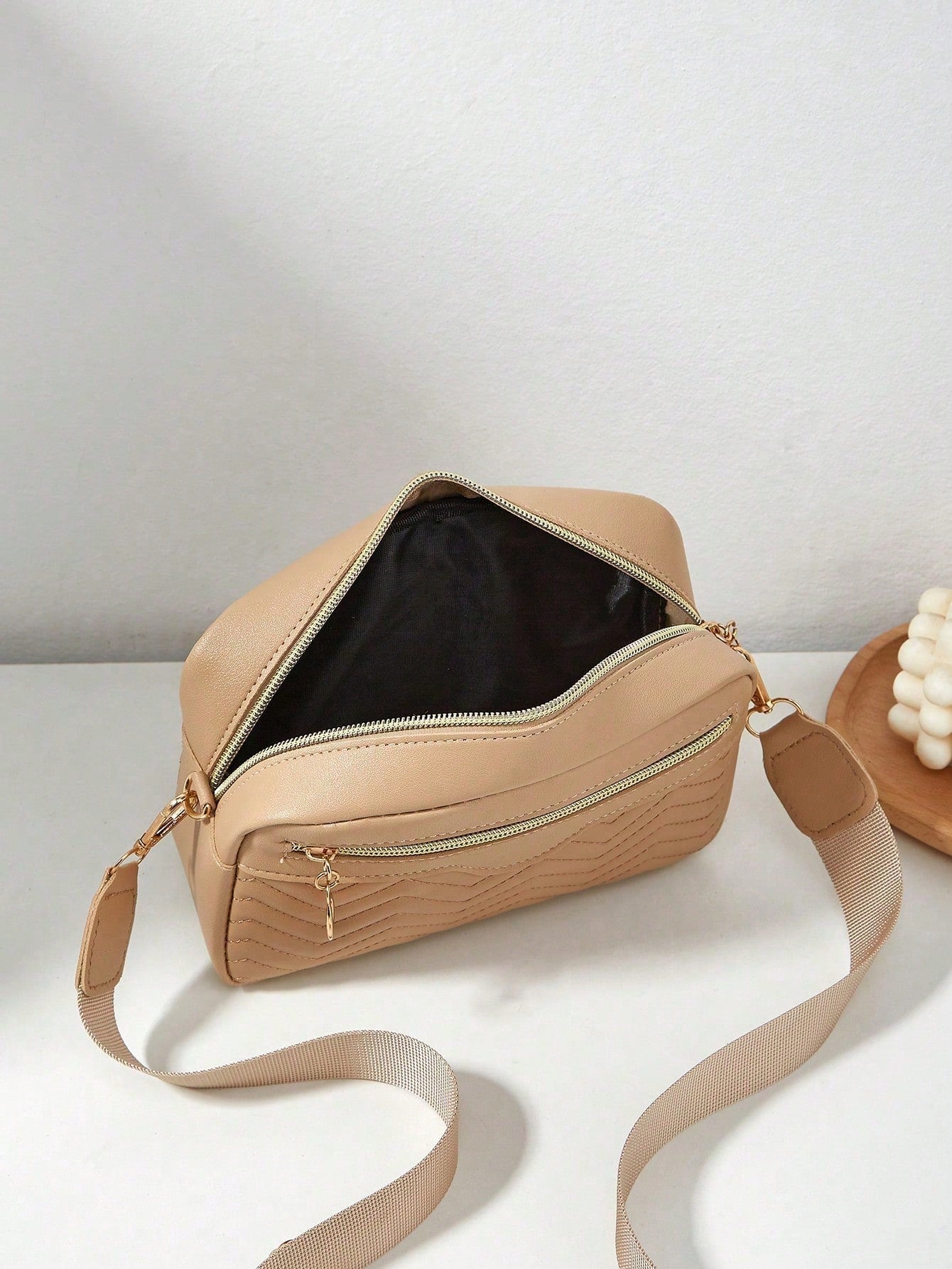 Khaki Quilted Camera Crossbody Purse For Women,Strap Shoulder Bag With Mini Pouch,For Summer Beach Work Travel Daily Casual