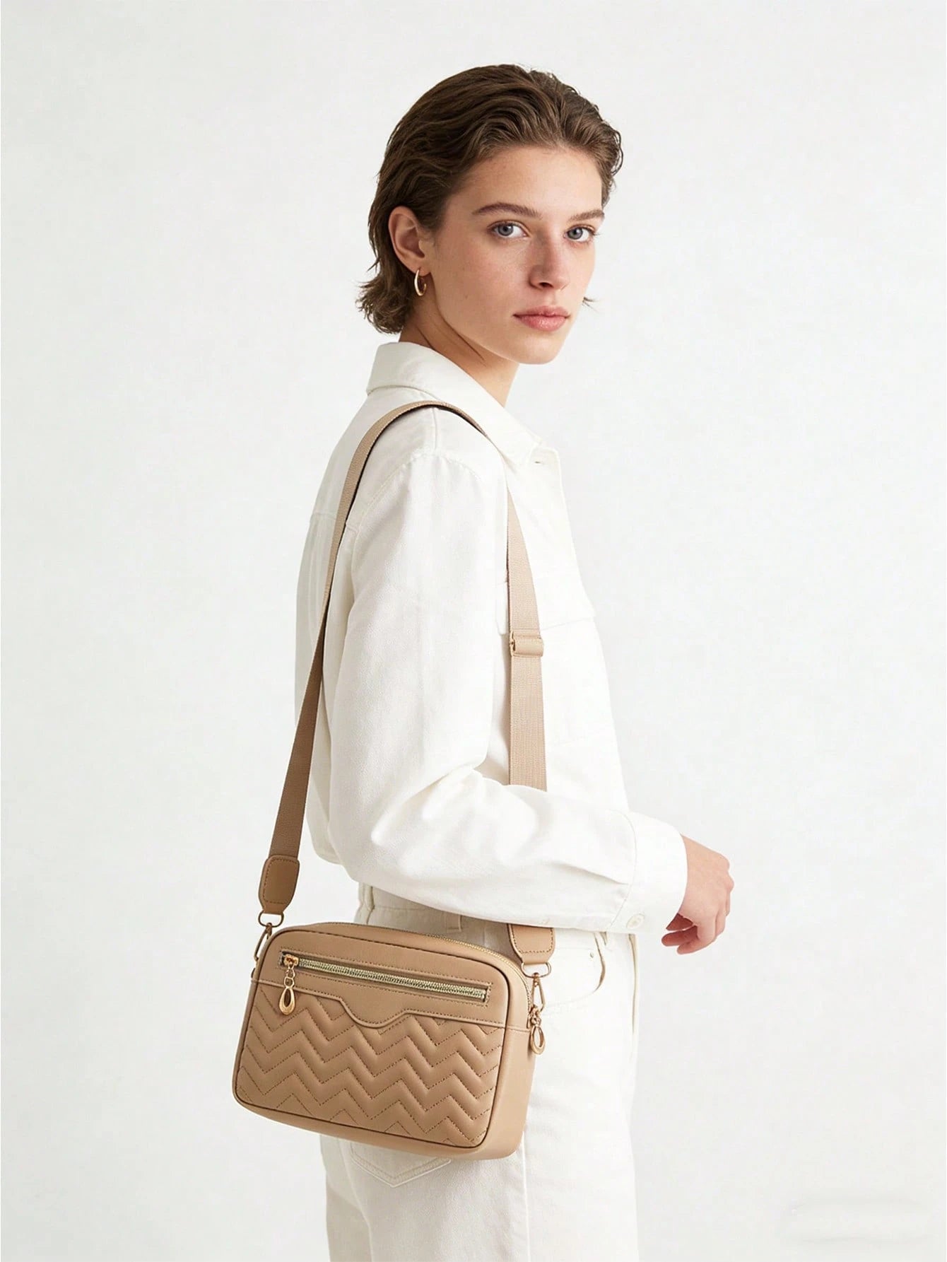 Khaki Quilted Camera Crossbody Purse For Women,Strap Shoulder Bag With Mini Pouch,For Summer Beach Work Travel Daily Casual