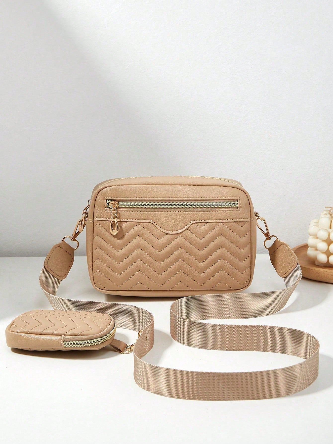 Khaki Quilted Camera Crossbody Purse For Women,Strap Shoulder Bag With Mini Pouch,For Summer Beach Work Travel Daily Casual