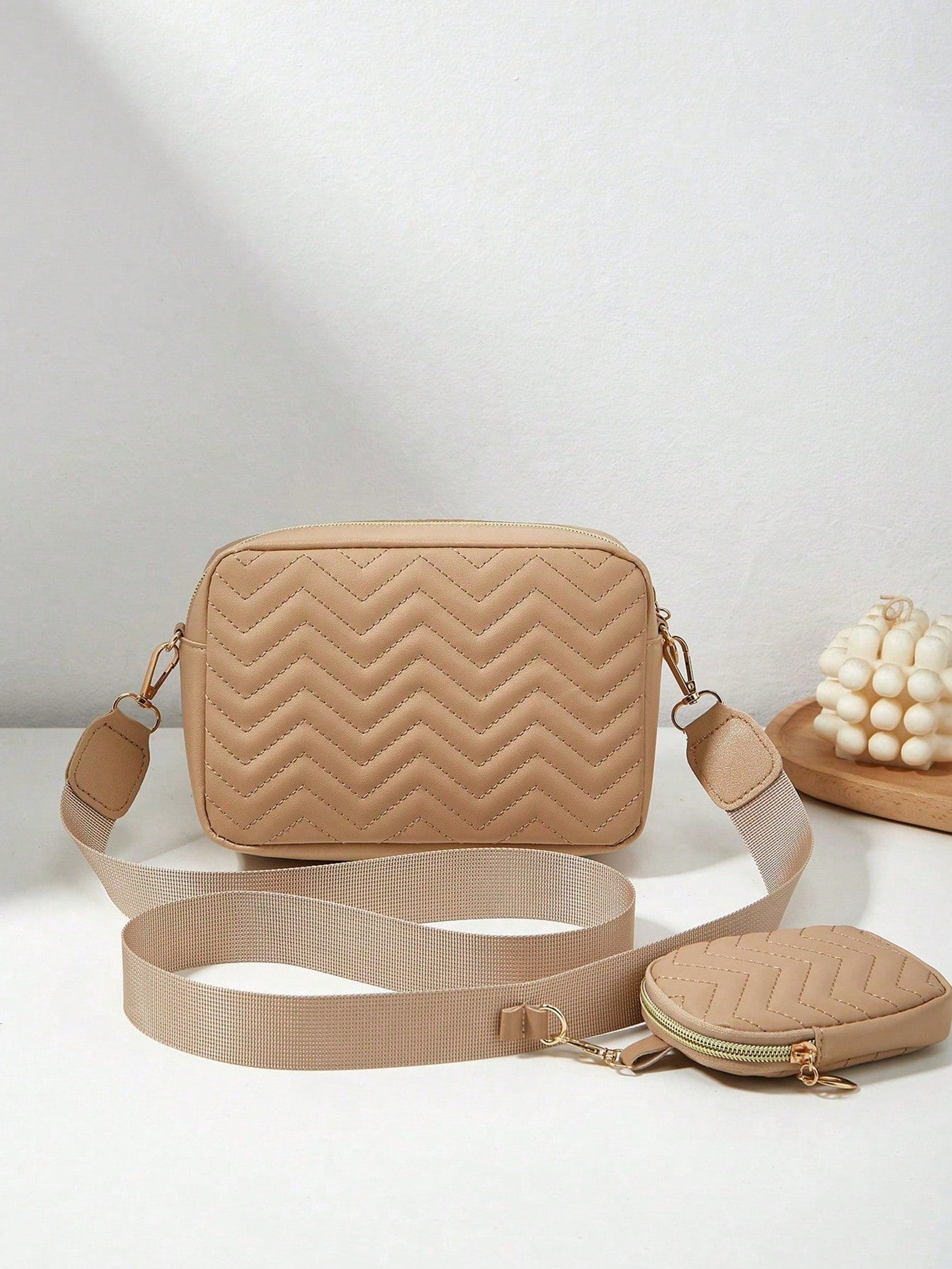 Khaki Quilted Camera Crossbody Purse For Women,Strap Shoulder Bag With Mini Pouch,For Summer Beach Work Travel Daily Casual