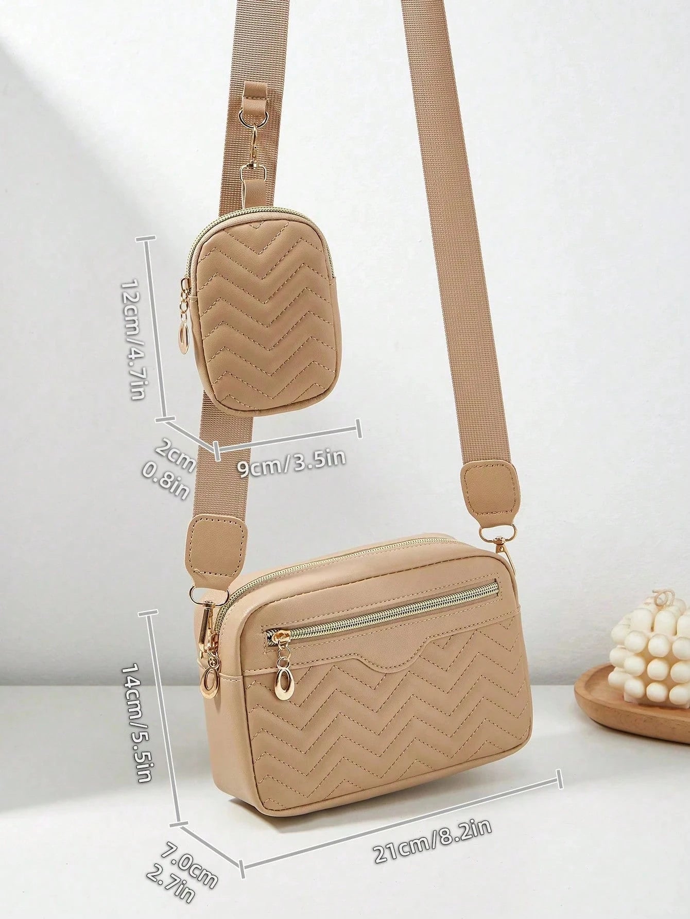 Khaki Quilted Camera Crossbody Purse For Women,Strap Shoulder Bag With Mini Pouch,For Summer Beach Work Travel Daily Casual