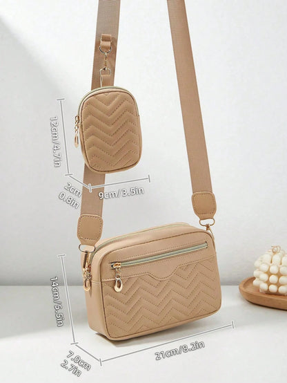 Khaki Quilted Camera Crossbody Purse For Women,Strap Shoulder Bag With Mini Pouch,For Summer Beach Work Travel Daily Casual