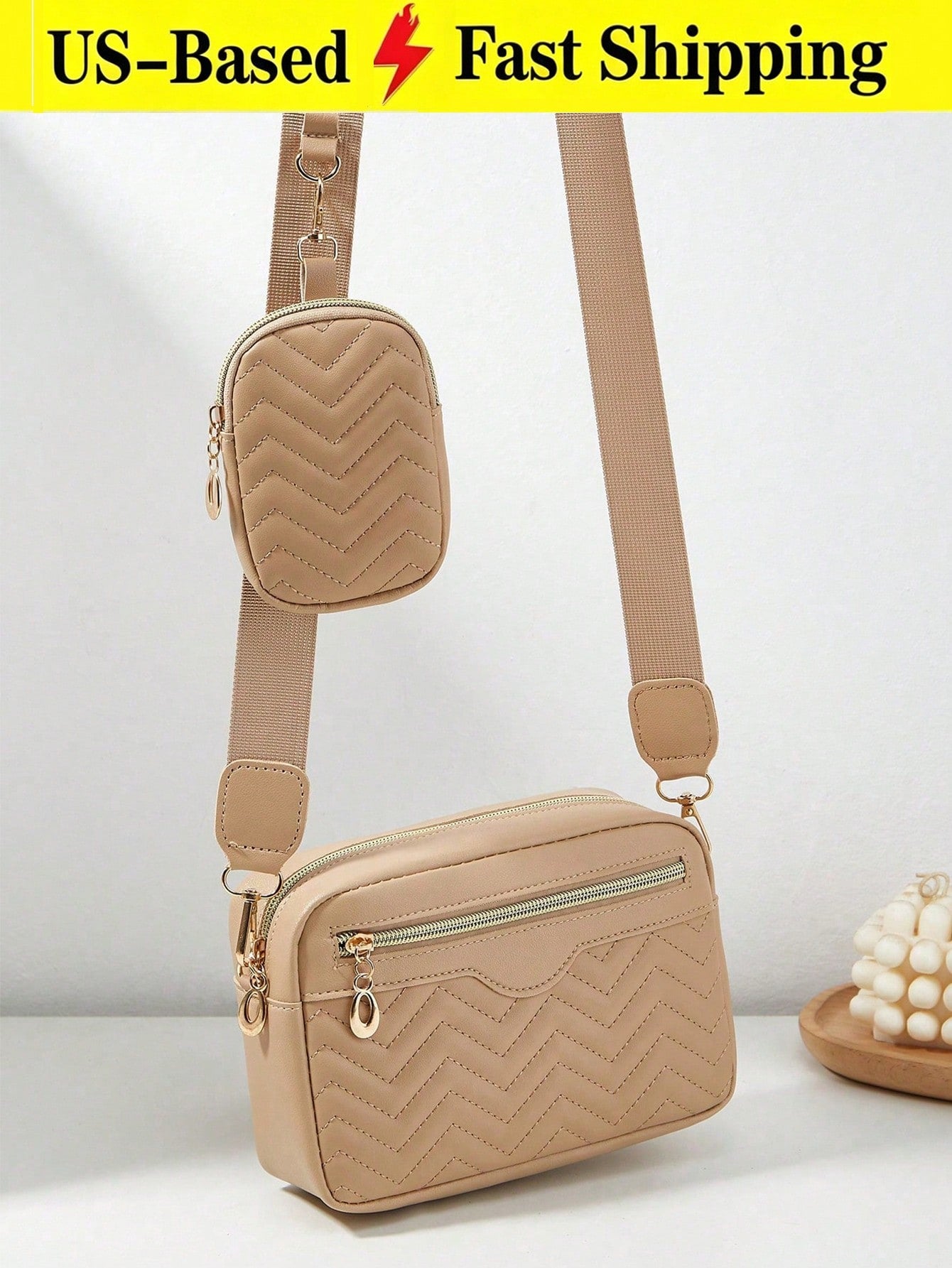 Khaki Quilted Camera Crossbody Purse For Women,Strap Shoulder Bag With Mini Pouch,For Summer Beach Work Travel Daily Casual