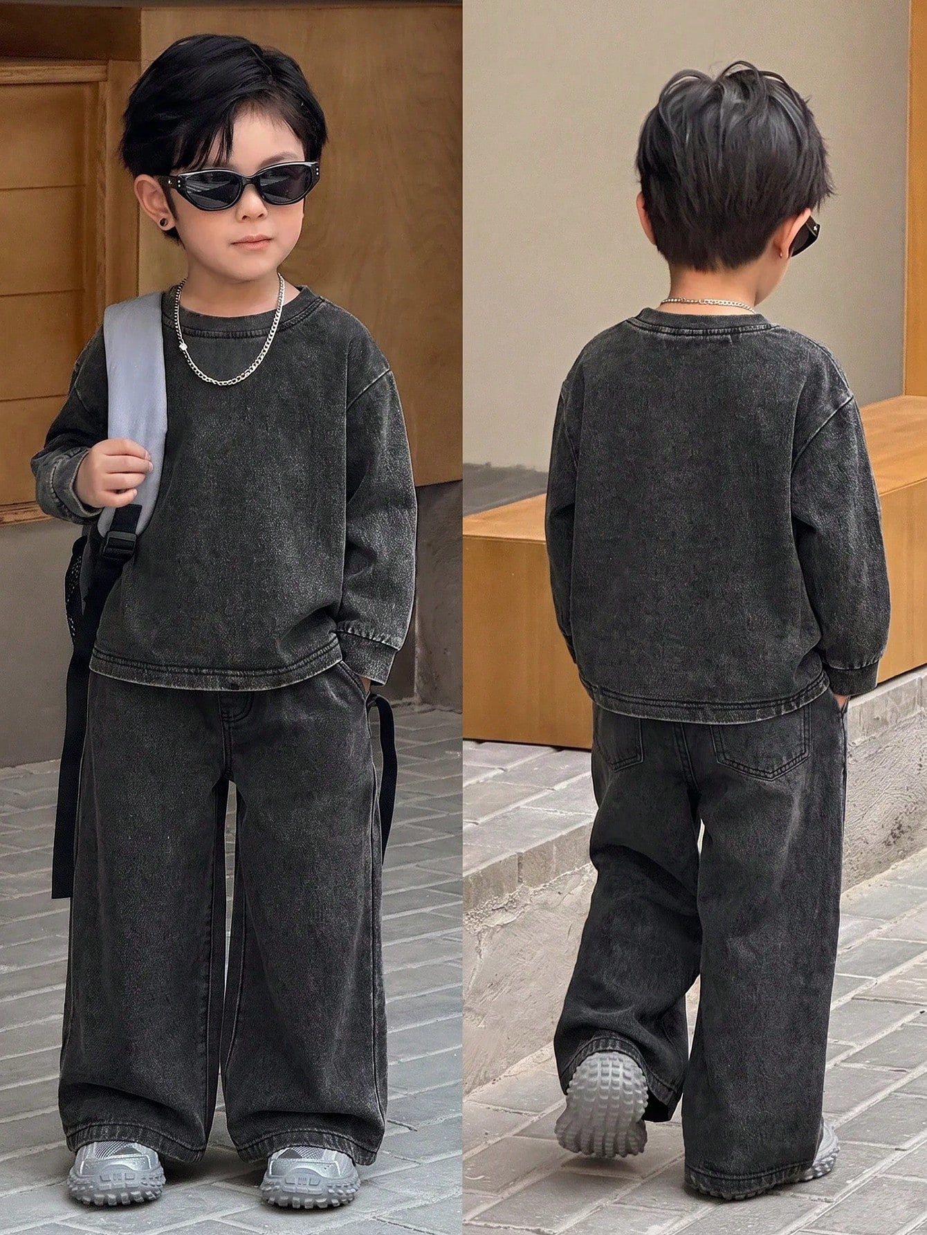 Kids 2pcs/Set Young Boys Casual Soft Black Knit Denim Loose Sweatshirt & Jeans,Fall/Winter,For Boys Back To School Clothes,School Outfits,Toddler Set