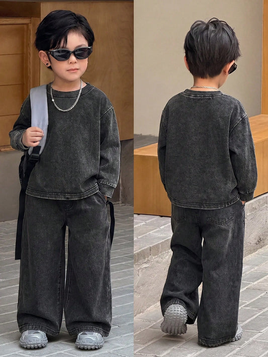 Kids 2pcs/Set Young Boys Casual Soft Black Knit Denim Loose Sweatshirt & Jeans,Fall/Winter,For Boys Back To School Clothes,School Outfits,Toddler Set