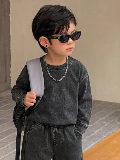 Kids 2pcs/Set Young Boys Casual Soft Black Knit Denim Loose Sweatshirt & Jeans,Fall/Winter,For Boys Back To School Clothes,School Outfits,Toddler Set