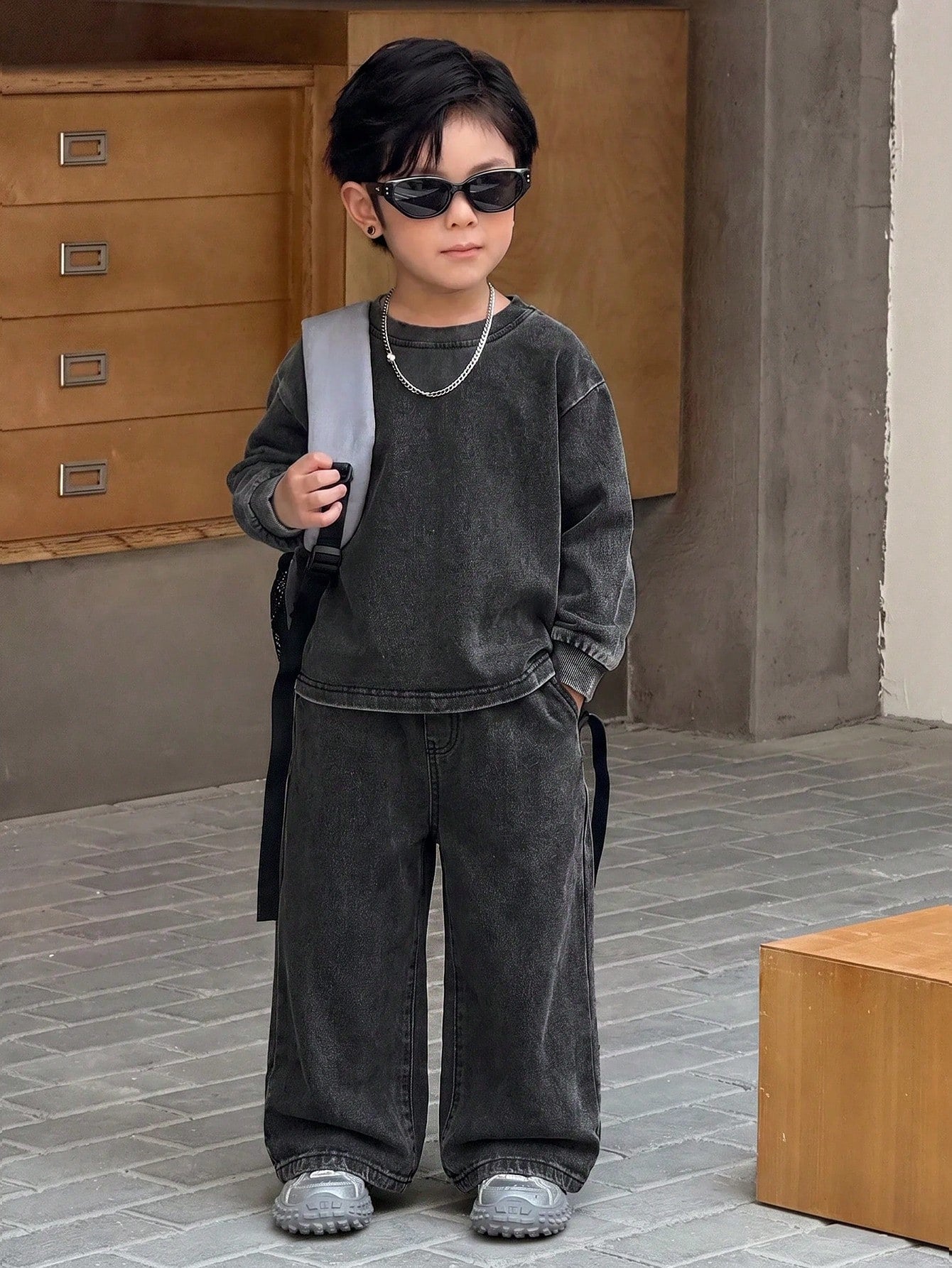 Kids 2pcs/Set Young Boys Casual Soft Black Knit Denim Loose Sweatshirt & Jeans,Fall/Winter,For Boys Back To School Clothes,School Outfits,Toddler Set
