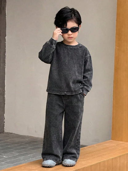 Kids 2pcs/Set Young Boys Casual Soft Black Knit Denim Loose Sweatshirt & Jeans,Fall/Winter,For Boys Back To School Clothes,School Outfits,Toddler Set