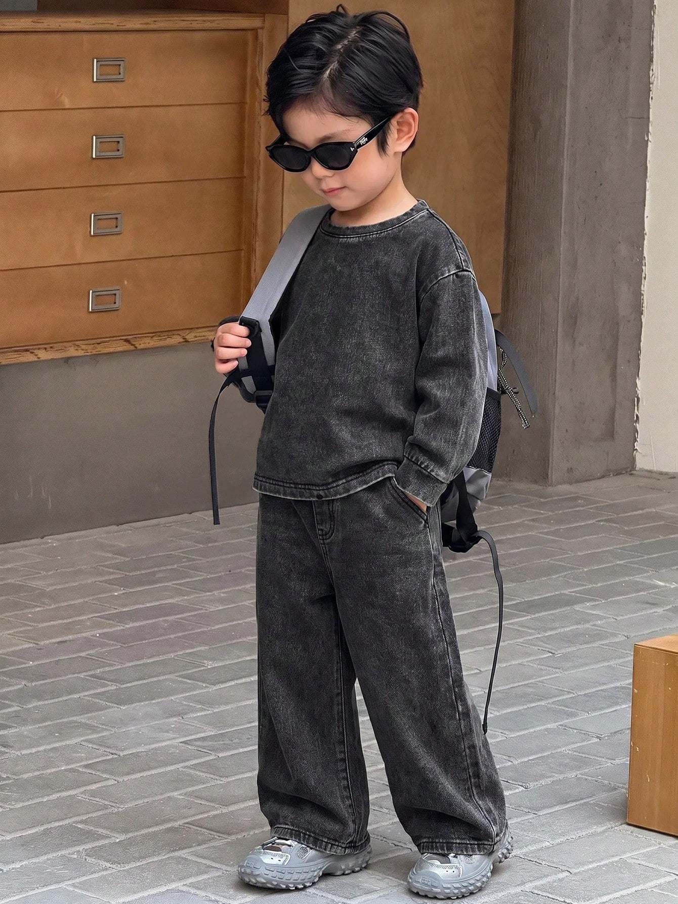 Kids 2pcs/Set Young Boys Casual Soft Black Knit Denim Loose Sweatshirt & Jeans,Fall/Winter,For Boys Back To School Clothes,School Outfits,Toddler Set