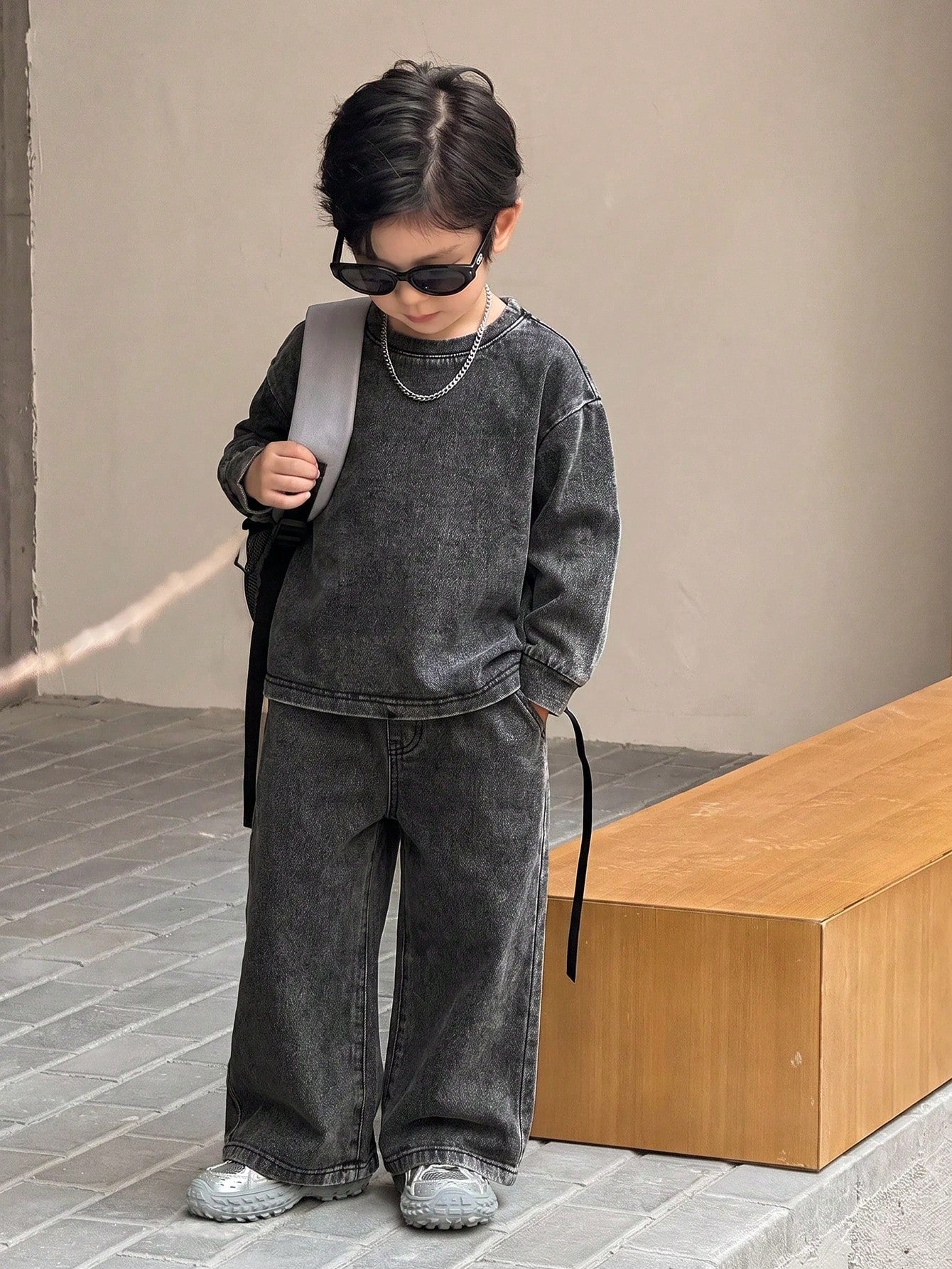 Kids 2pcs/Set Young Boys Casual Soft Black Knit Denim Loose Sweatshirt & Jeans,Fall/Winter,For Boys Back To School Clothes,School Outfits,Toddler Set