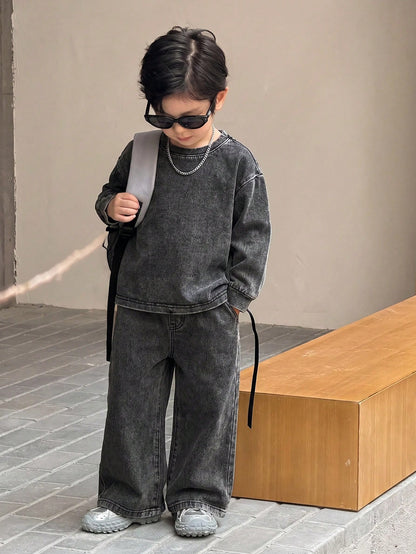Kids 2pcs/Set Young Boys Casual Soft Black Knit Denim Loose Sweatshirt & Jeans,Fall/Winter,For Boys Back To School Clothes,School Outfits,Toddler Set