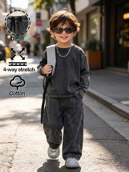 Kids 2pcs/Set Young Boys Casual Soft Black Knit Denim Loose Sweatshirt & Jeans,Fall/Winter,For Boys Back To School Clothes,School Outfits,Toddler Set