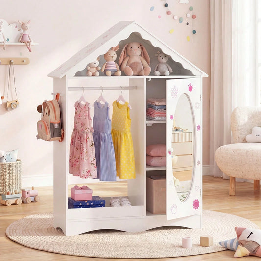 Kids Dress Up Storage W/ Mirror Roofed Wardrobe Closet W/ Open Hanging Rack