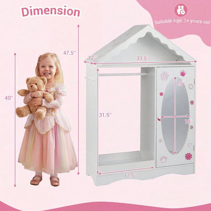 Kids Dress Up Storage W/ Mirror Roofed Wardrobe Closet W/ Open Hanging Rack