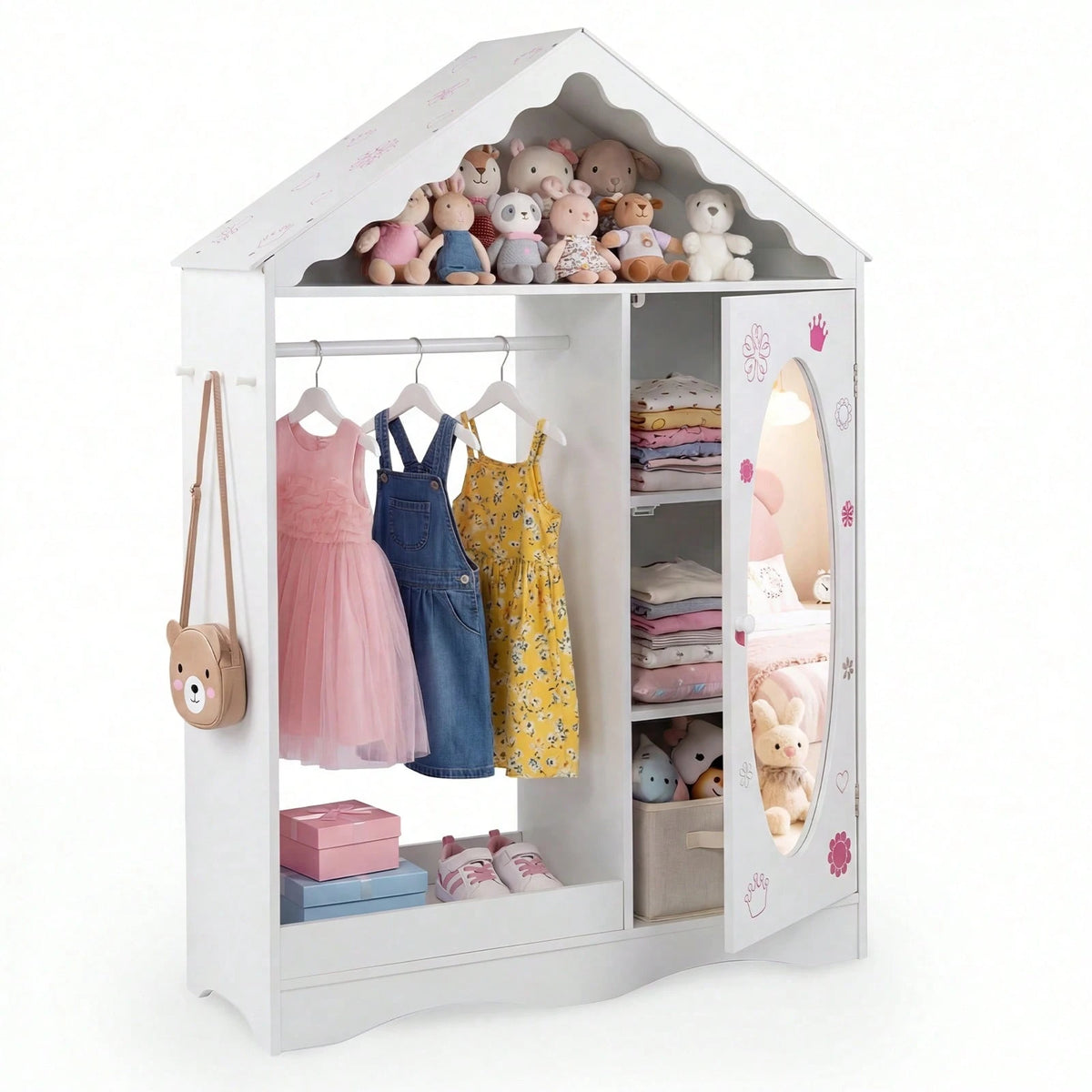 Kids Dress Up Storage W/ Mirror Roofed Wardrobe Closet W/ Open Hanging Rack