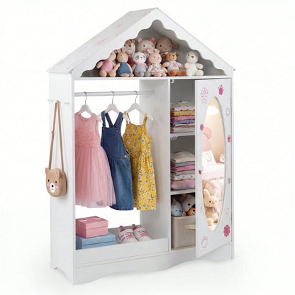 Kids Dress Up Storage W/ Mirror Roofed Wardrobe Closet W/ Open Hanging Rack