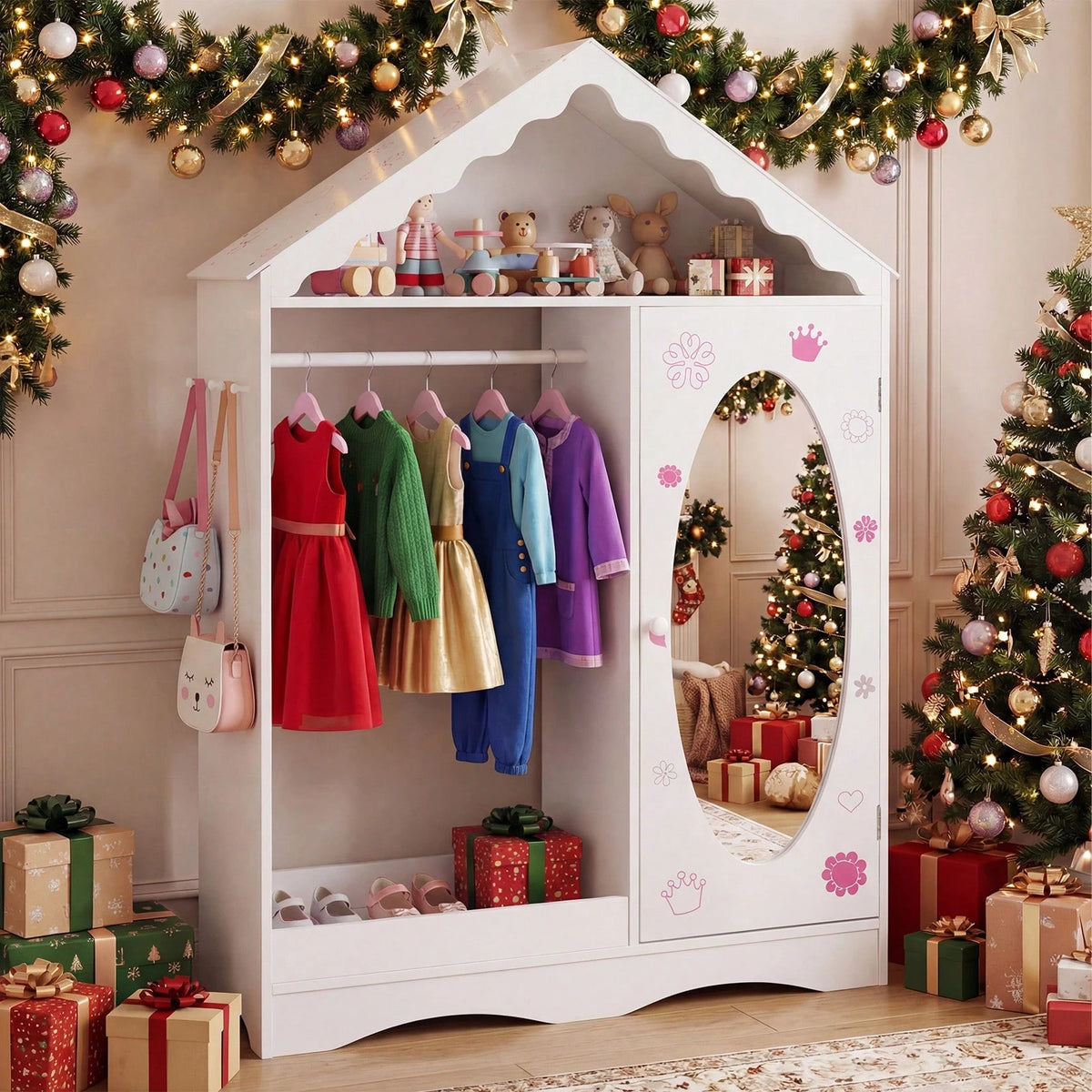 Kids Dress Up Storage W/ Mirror Roofed Wardrobe Closet W/ Open Hanging Rack