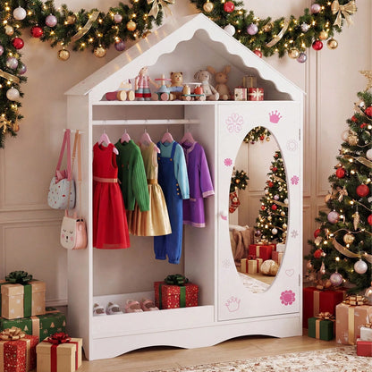 Kids Dress Up Storage W/ Mirror Roofed Wardrobe Closet W/ Open Hanging Rack