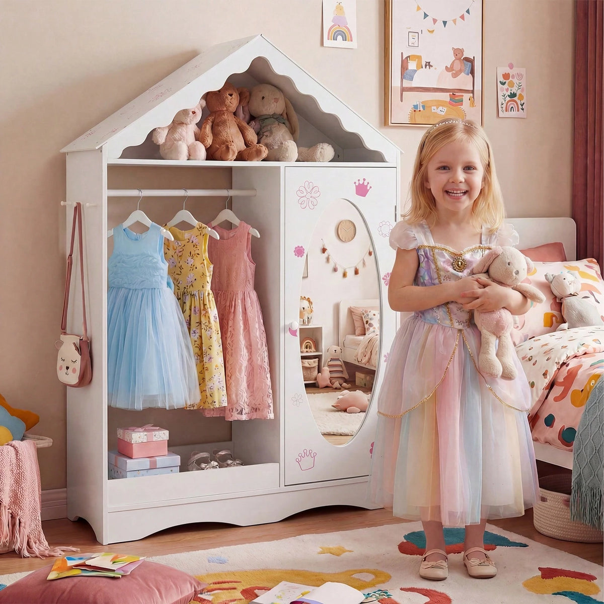 Kids Dress Up Storage W/ Mirror Roofed Wardrobe Closet W/ Open Hanging Rack