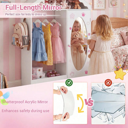 Kids Dress Up Storage W/ Mirror Roofed Wardrobe Closet W/ Open Hanging Rack