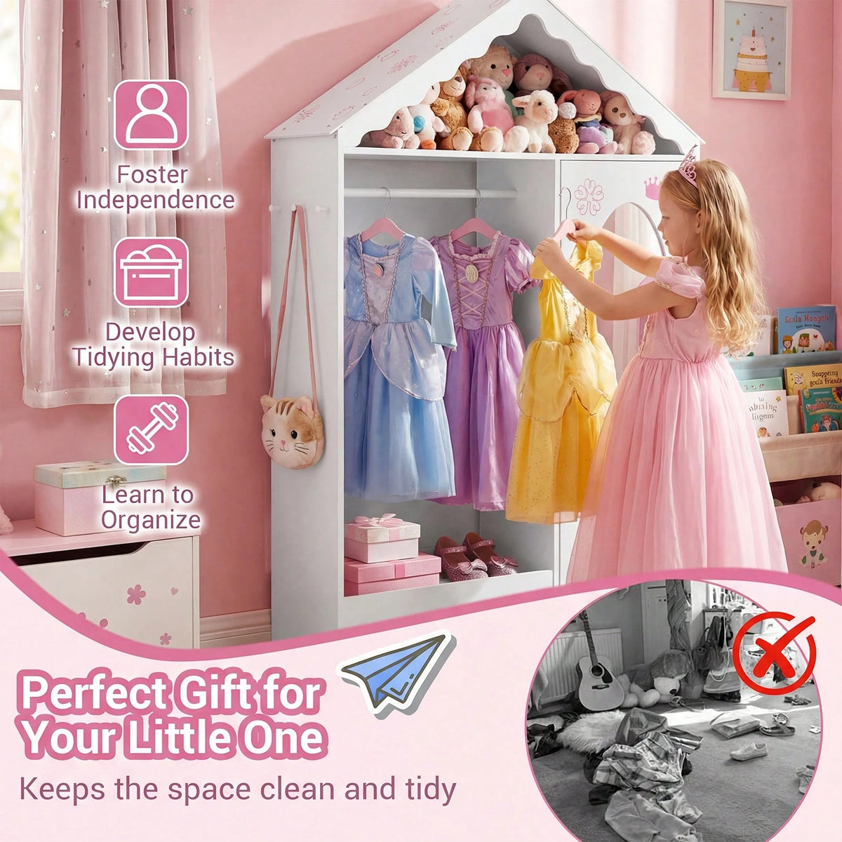 Kids Dress Up Storage W/ Mirror Roofed Wardrobe Closet W/ Open Hanging Rack