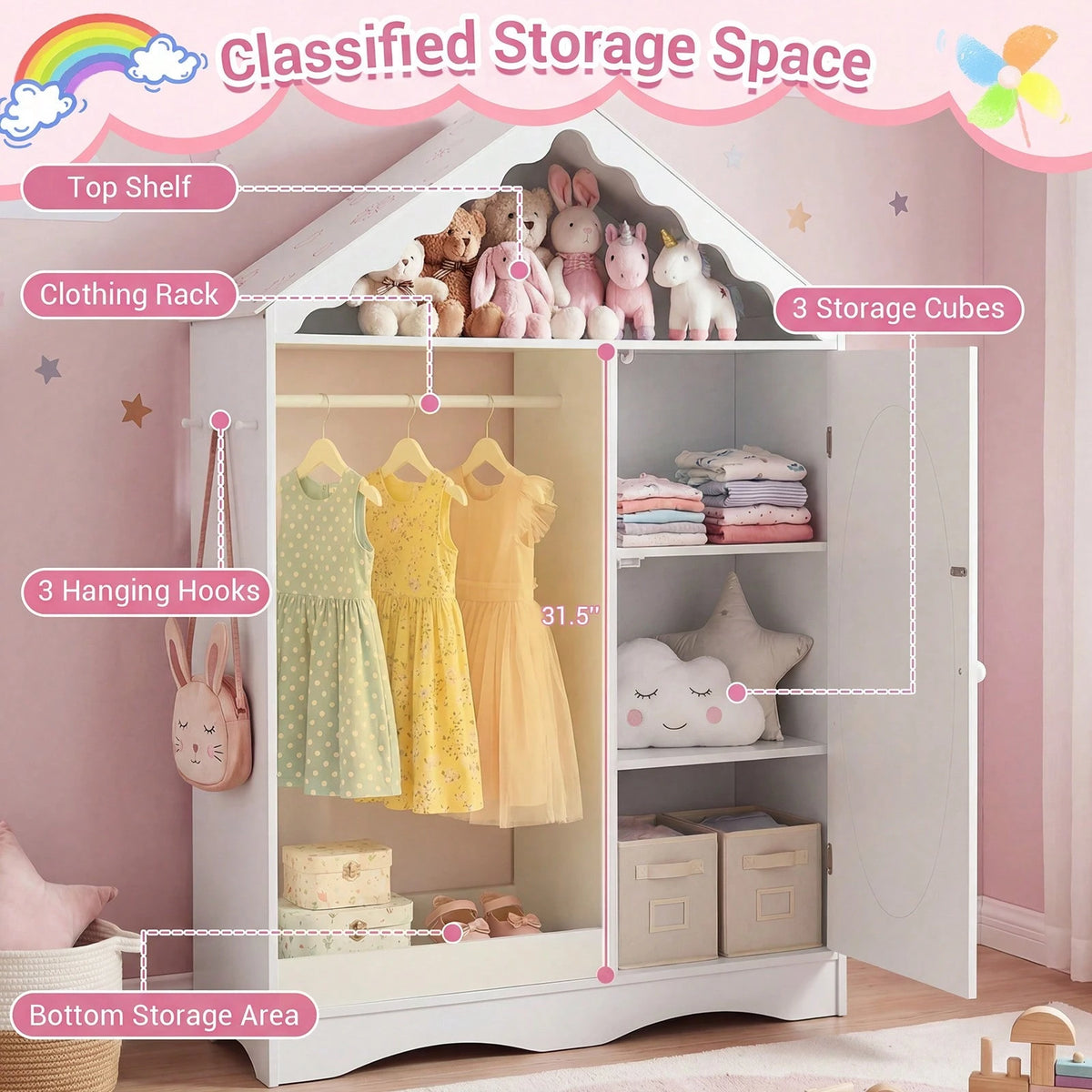 Kids Dress Up Storage W/ Mirror Roofed Wardrobe Closet W/ Open Hanging Rack