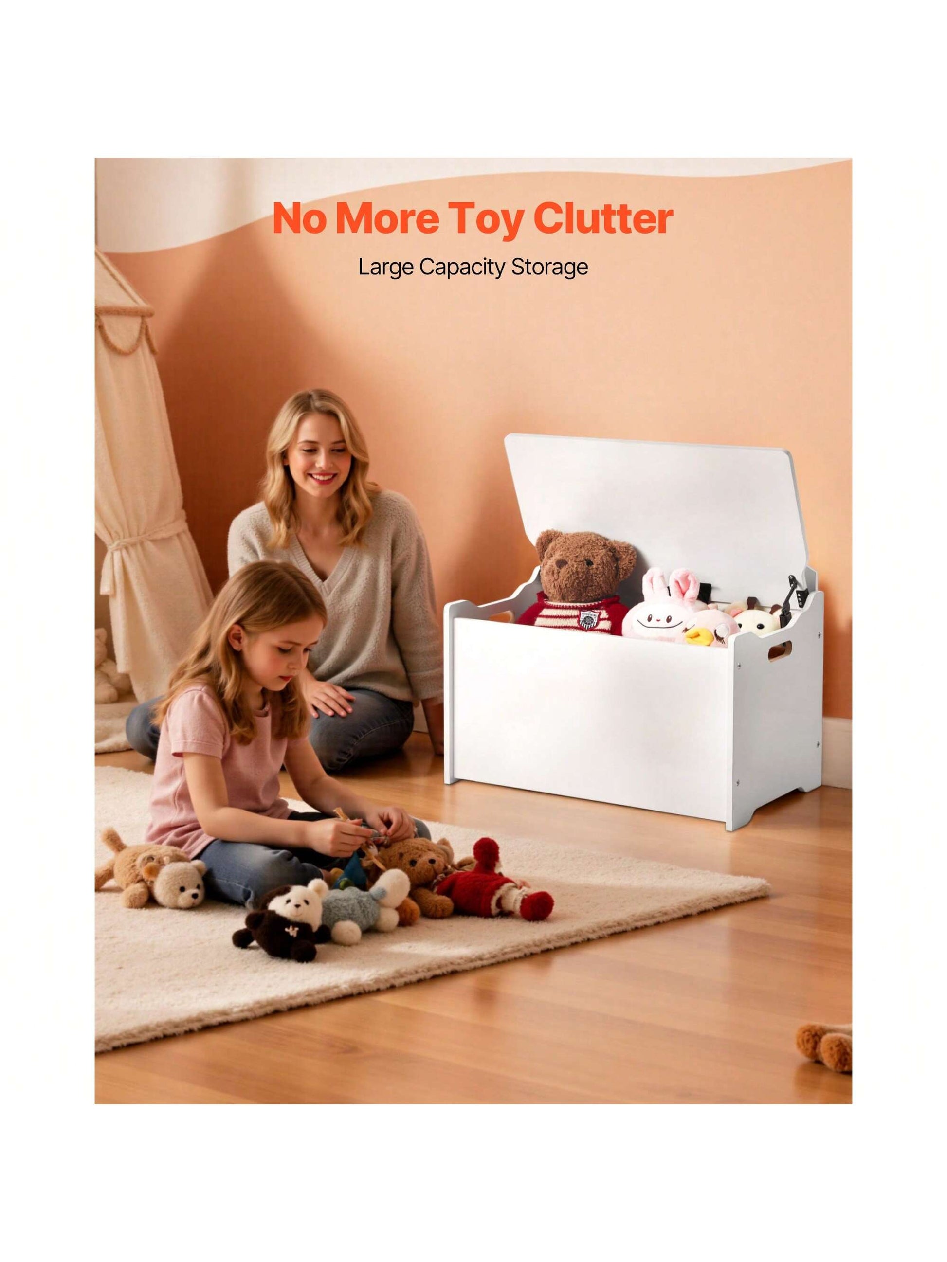 Kids Storage Bench, Wooden Toy Box Chest With Backrest, Large Storage Cabinet With Safety Hinge, Toddlers Storage Bench For Playroom, Living Room Or Entryway, 23.5 X 14.5 X 21.46 In, White