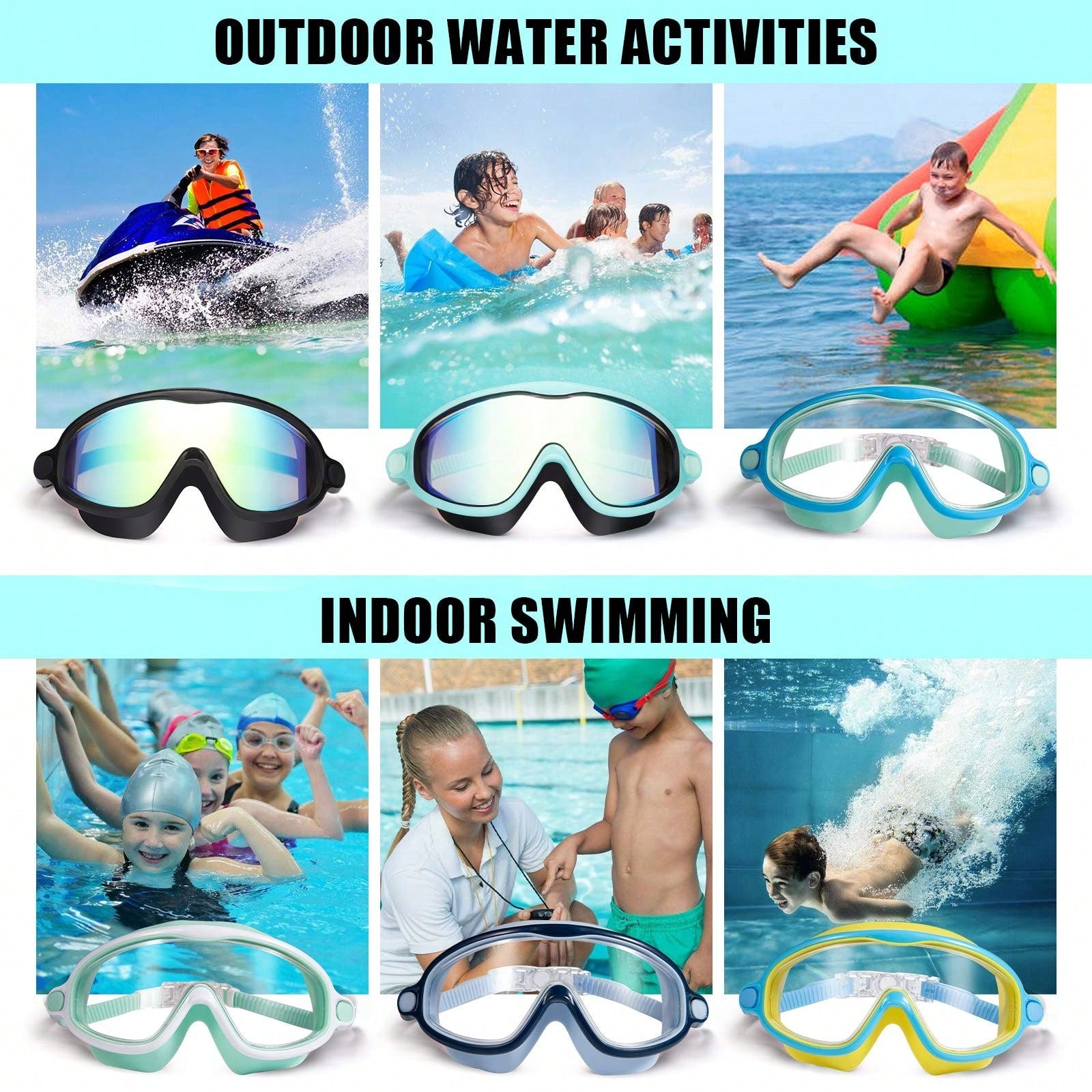 Kids Swim Goggles 2 Pack, Wide View Anti Fog&UV Swimming Goggles For Audlt, No Leaking Swim Glasses For Kids, Back To School