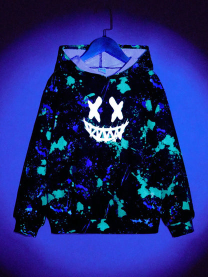 Kids Tween Boy Glow In Dark Smiling Face Splash Ink Print Long Sleeve Casual Winter Sweatshirt, For Autumn