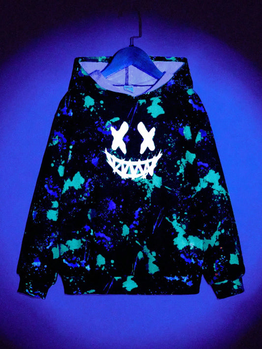 Kids Tween Boy Glow In Dark Smiling Face Splash Ink Print Long Sleeve Casual Winter Sweatshirt, For Autumn