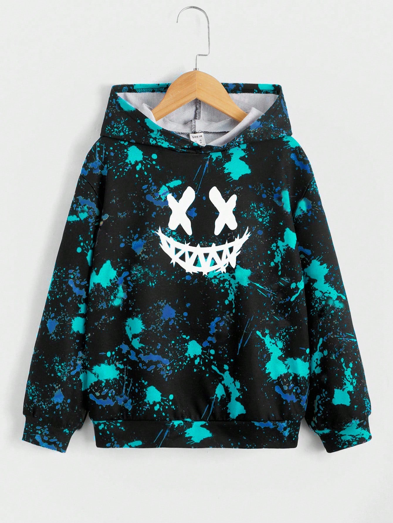 Kids Tween Boy Glow In Dark Smiling Face Splash Ink Print Long Sleeve Casual Winter Sweatshirt, For Autumn