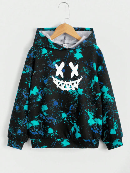 Kids Tween Boy Glow In Dark Smiling Face Splash Ink Print Long Sleeve Casual Winter Sweatshirt, For Autumn
