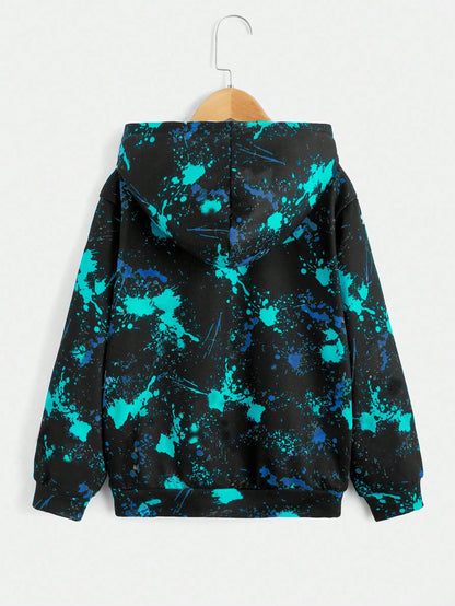 Kids Tween Boy Glow In Dark Smiling Face Splash Ink Print Long Sleeve Casual Winter Sweatshirt, For Autumn