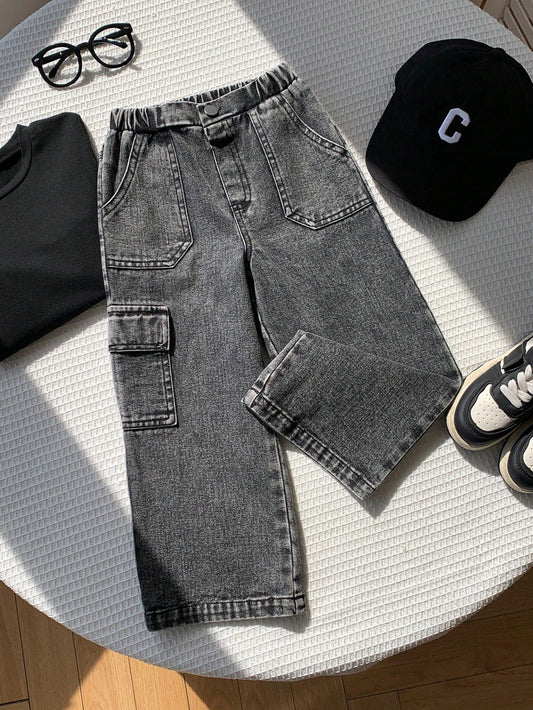 Kids Young Boy Casual Loose Comfortable Versatile Denim Jeans, Suitable For Street Style, Daily Wear, Vacation, Easy Comfort, Layers For Kids Spring Summer Autumn Winter